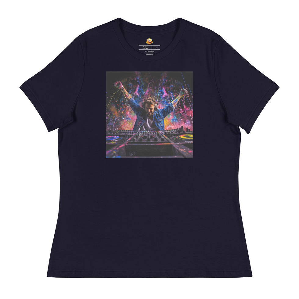 Pulse DJ Artwork: navy blue women's relaxed T-shirt with DJ with purple and orange paint bursts