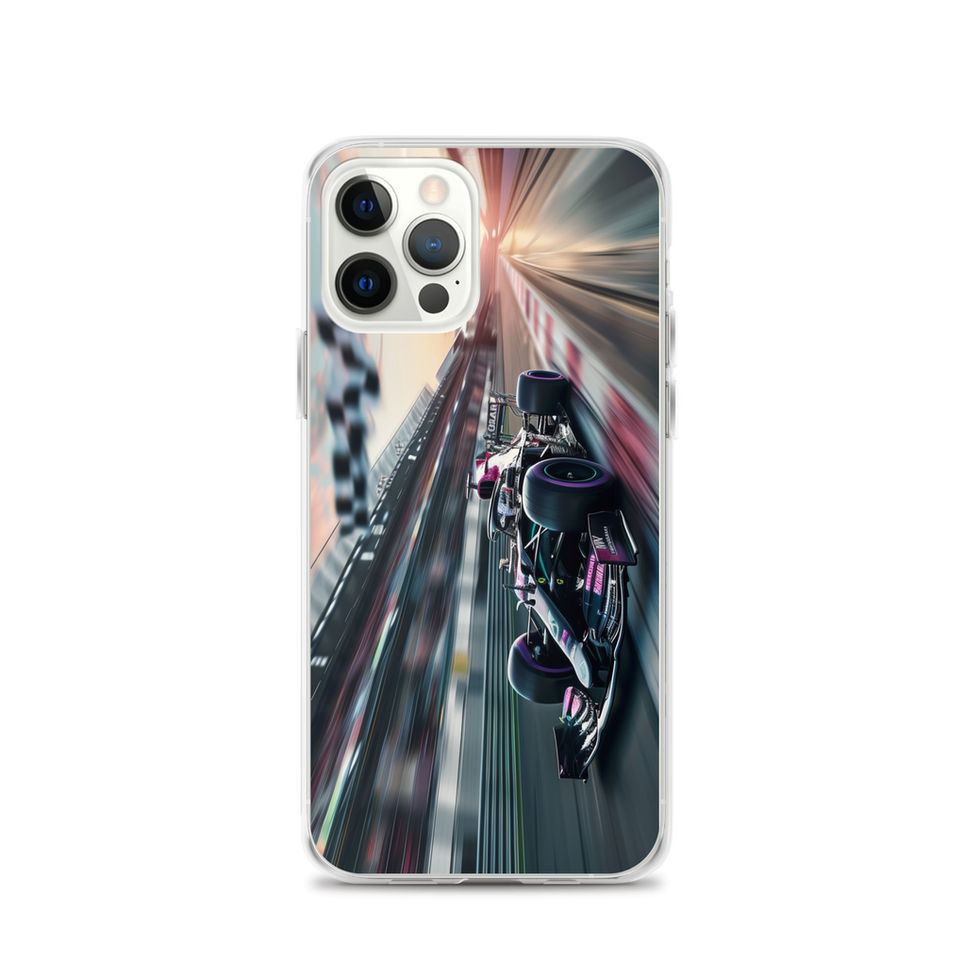 Midnight Velocity Clear case for iPhone 12 Pro, race car and night lights, phone and case on white