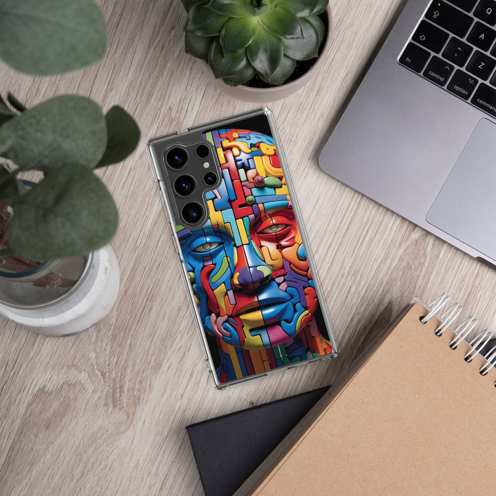 Cybernetic Puzzle clear Samsung phone case with futuristic mechanical portrait artwork, studio product view