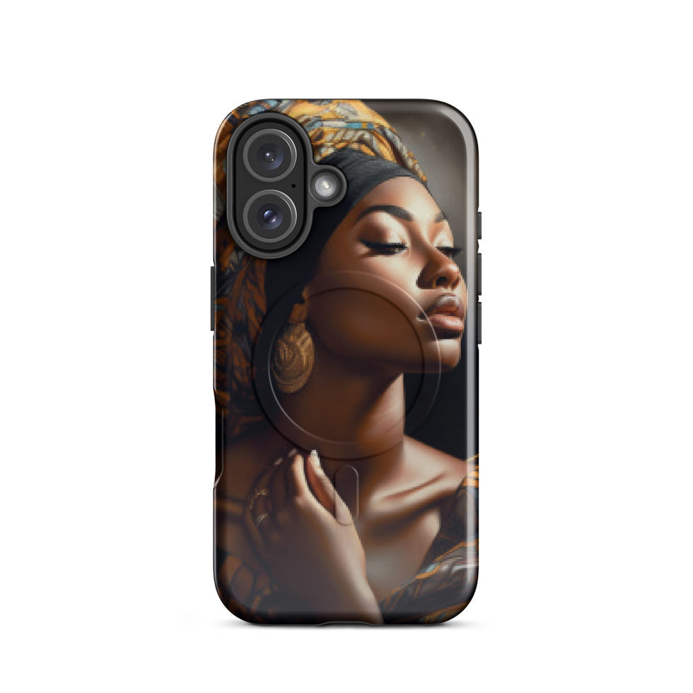 Calm gaze and rich metallic tones define the close-up phone image