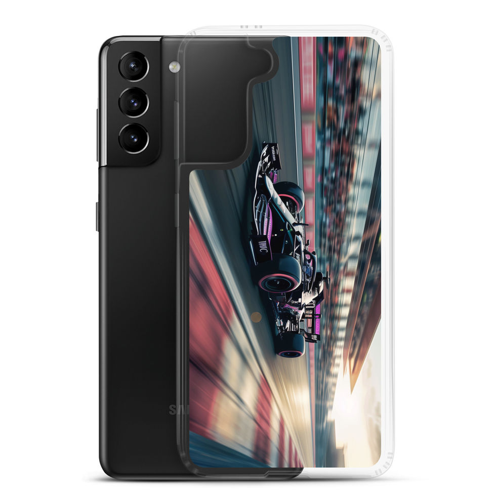 Black n Purple Power Clear case for Galaxy S21 Plus, black and purple race car artwork, phone and case on white