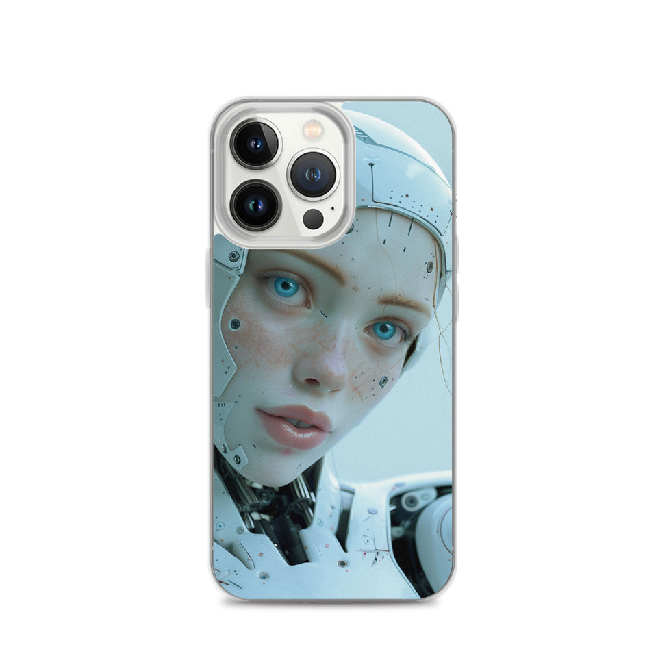 Front-facing AI woman with silver circuitry on a clear phone case – fitted iPhone case view