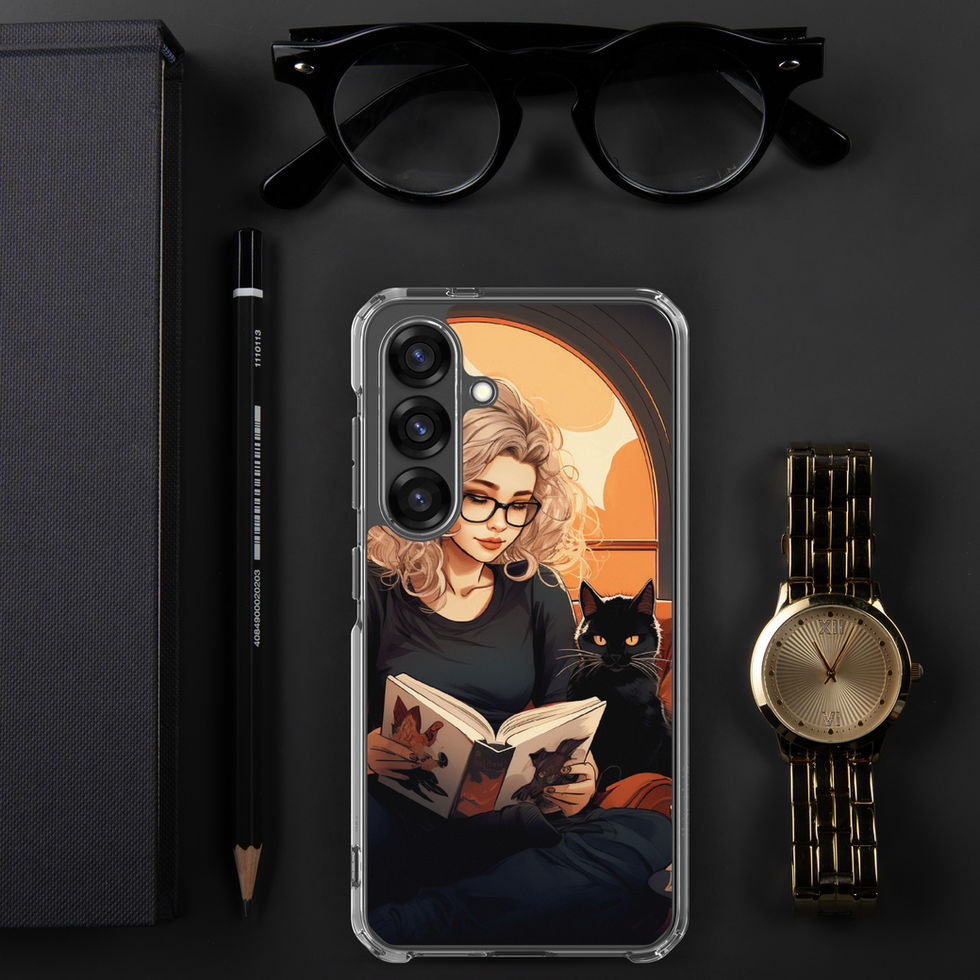 Printed back of Literary Haven Samsung clear case showing golden light around the portrait