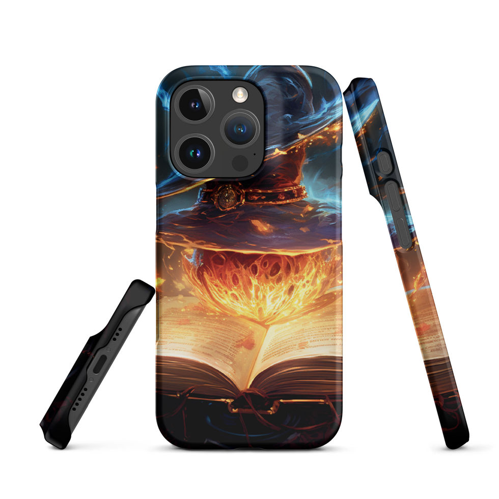 Arcane Ember snap iPhone case: gold and navy tones divided by the bright pages, shown upright with its side profile.