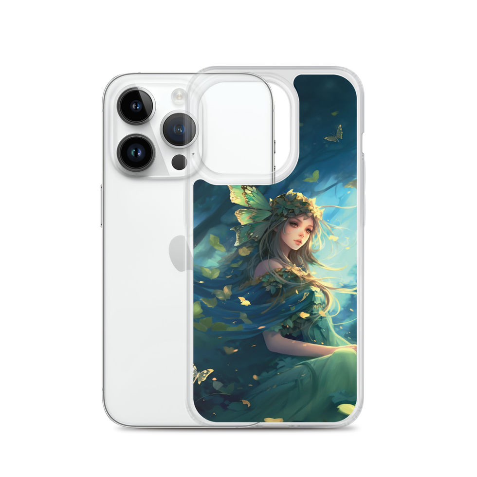 Printed back of Forest Enchantress iPhone clear case showing flowing green gown