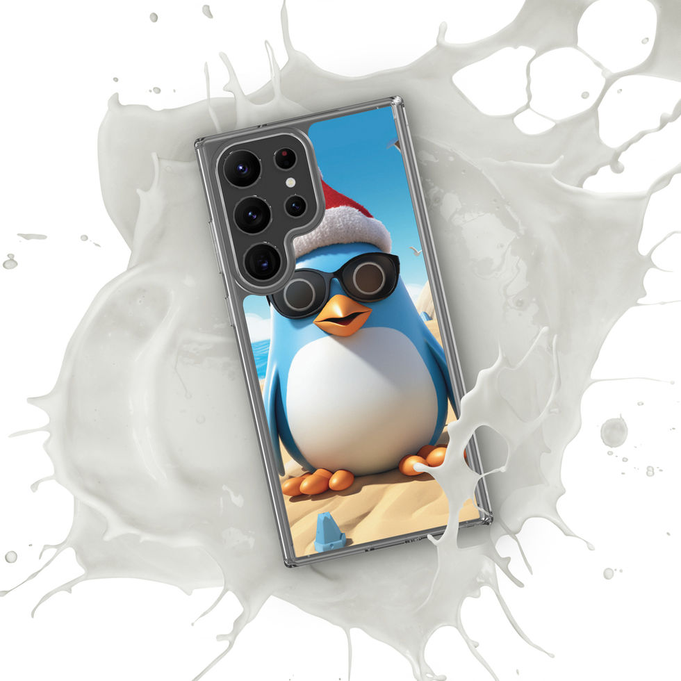 Beach penguin-mockup-37 showing Sandy Chill artwork on a Samsung clear phone case