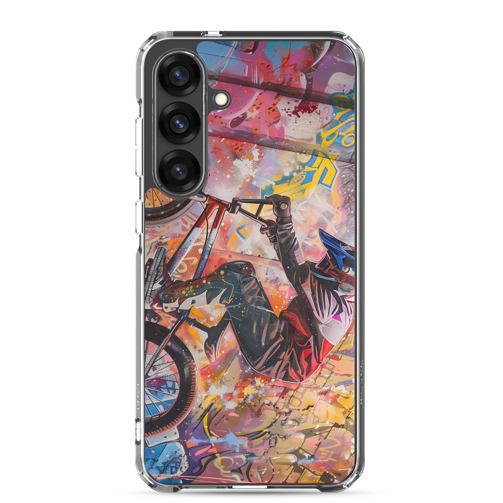Graffiti Grind Clear case for Galaxy S25 Plus, BMX rider amid pink and yellow graffiti, rear view on white