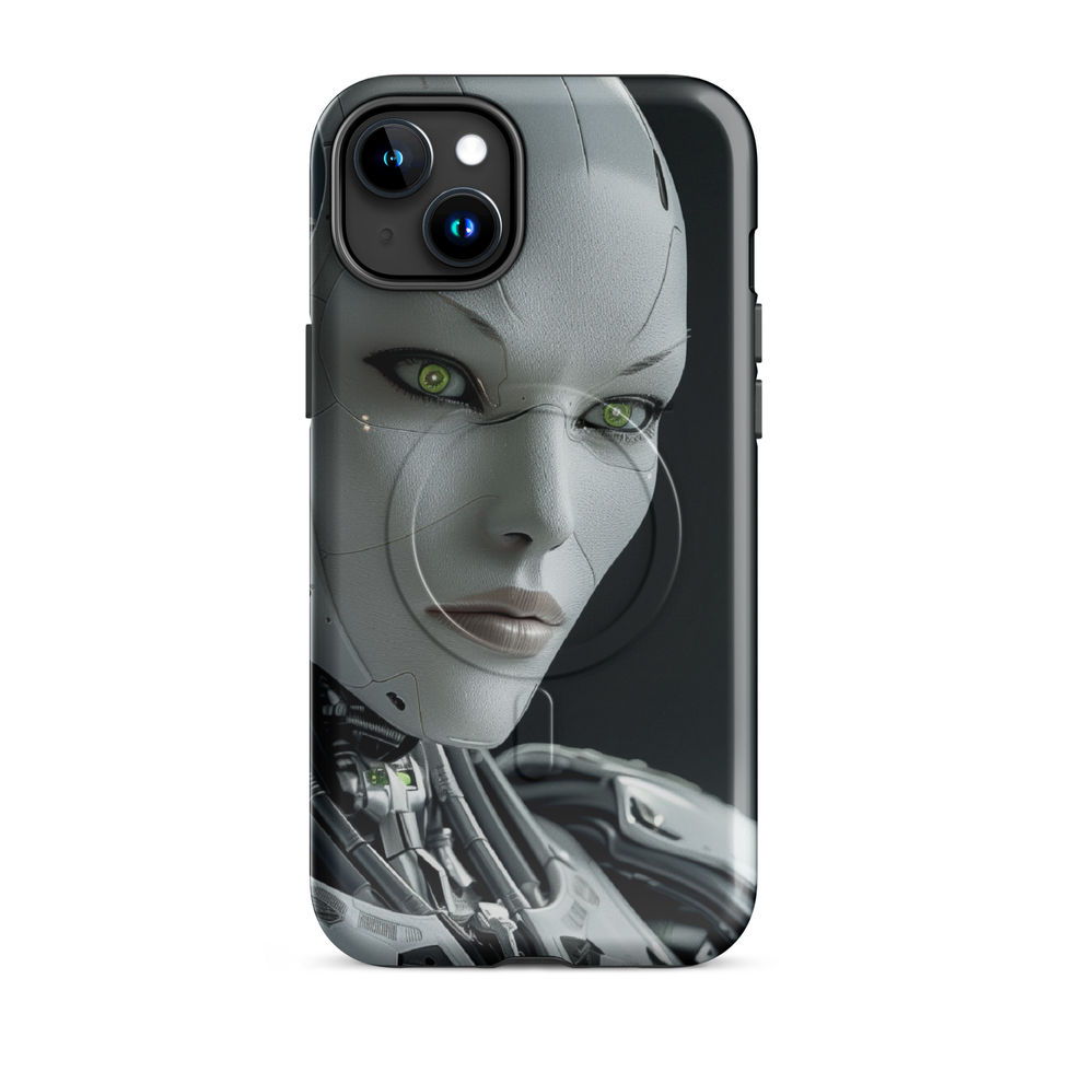 Elegant green-eyed android MagSafe case for Apple iPhone 15