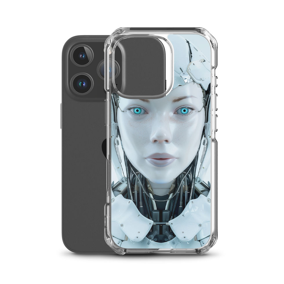 Cool-toned android artwork on a clear protective phone cover – transparent-edge phone preview