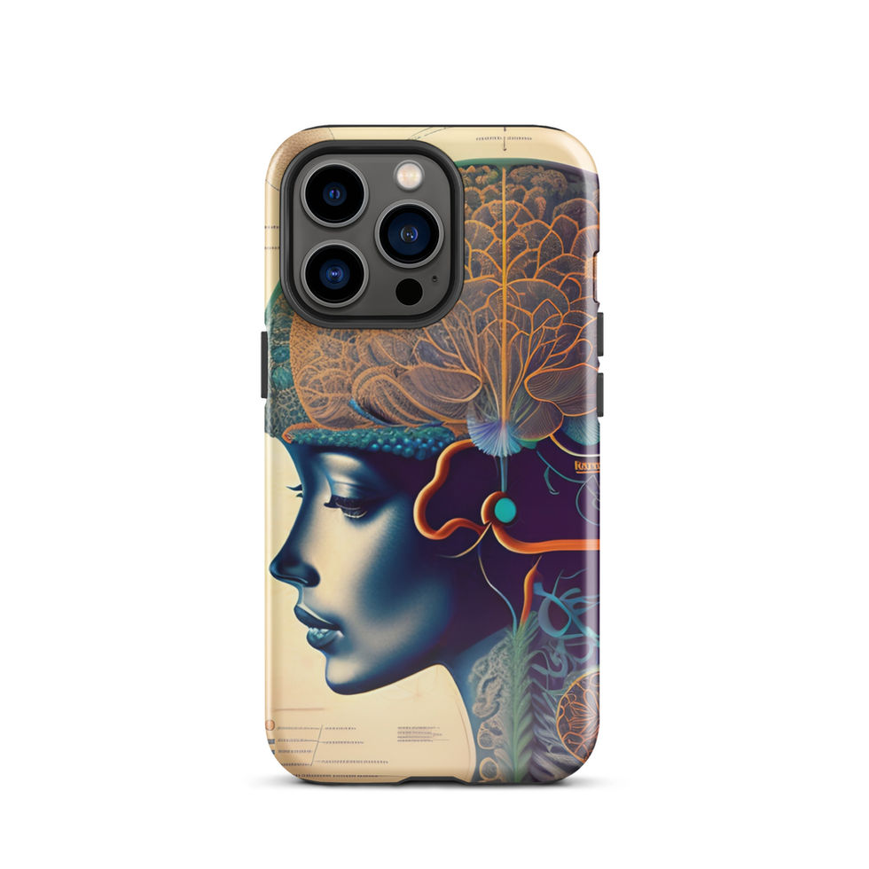 Flower Brain iPhone Tough Case featuring a stylised anatomical profile filled with golden flowers in rich indigo, teal