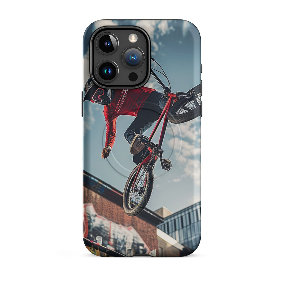 Skybound Stunt MagSafe Tough case for iPhone 15 Pro Max, BMX rider above graffiti ramps, rear view on white