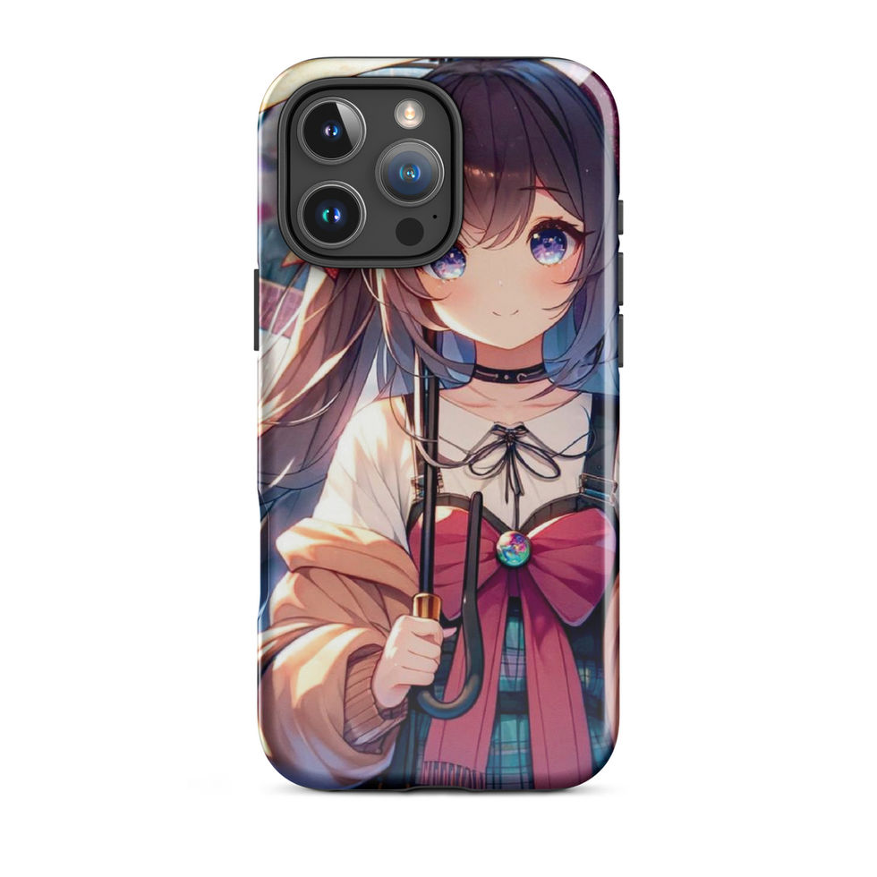 Rainy Day Elegance iPhone tough case, back design with a pink bow and flowing brown hair.