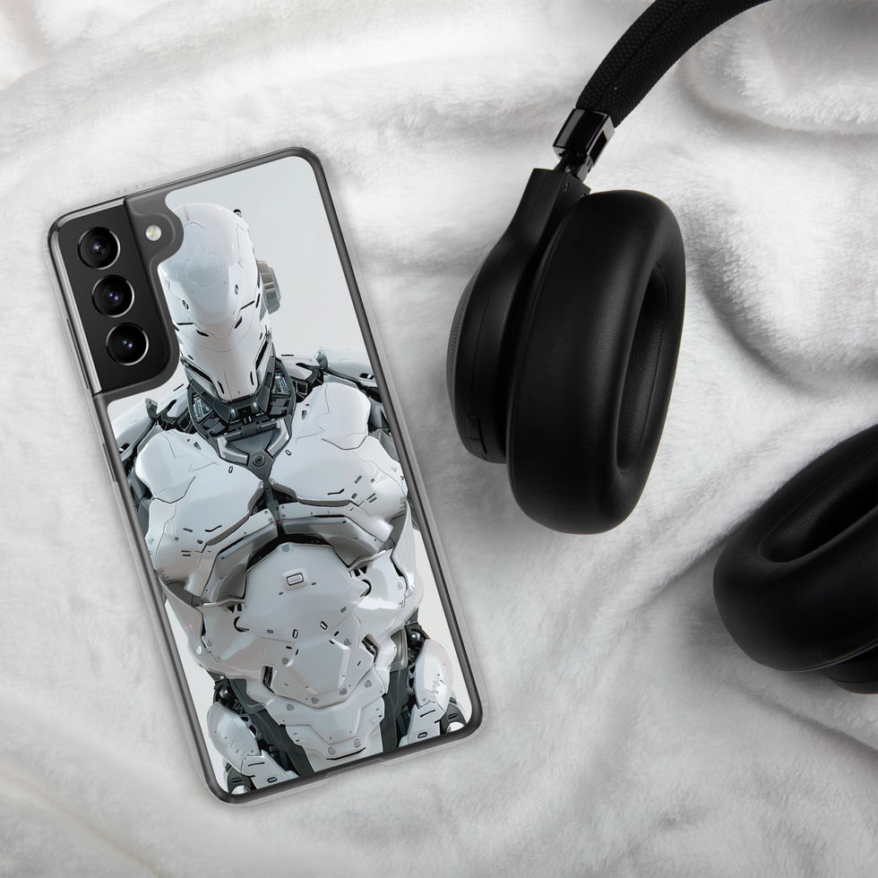 Aegis Prime clear Samsung case – three-quarter product view highlighting white armour and black mechanical joints