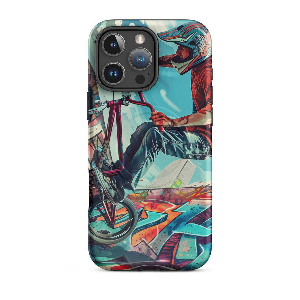 Urban Freestyle MagSafe Tough case for iPhone 16 Pro Max, BMX rider and colourful graffiti, rear view on white background