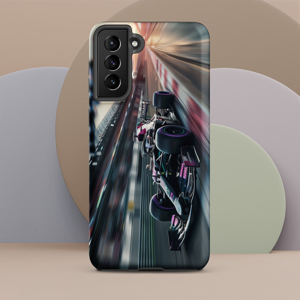 Midnight Velocity Tough case for Galaxy S21 Plus, race car and night lights, rear view on beige display