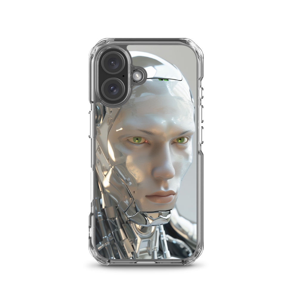 Neural Titan clear iPhone case with calm commanding android expression in a clean gallery view