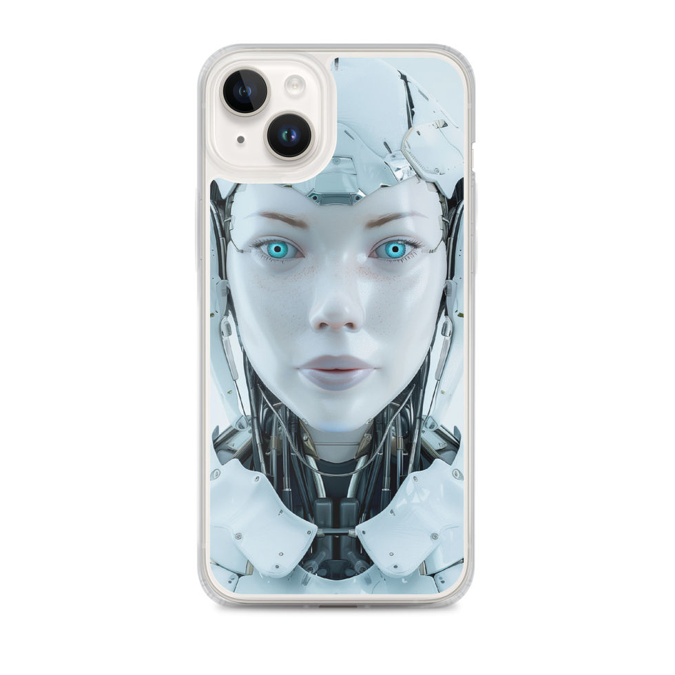 Calm futuristic android with aqua eyes on a transparent iPhone case – transparent-edge phone preview