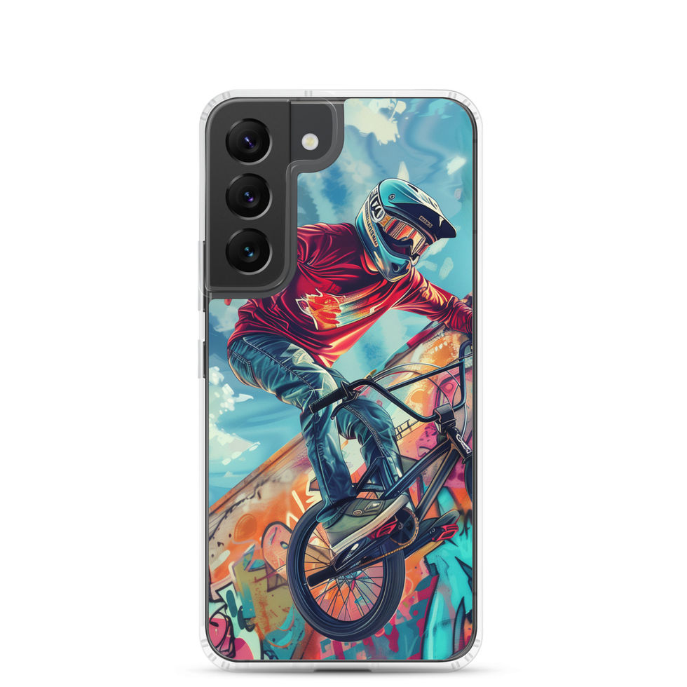 Graffiti Ride Clear case for Galaxy S22, red-top BMX rider and vivid graffiti, rear view on white