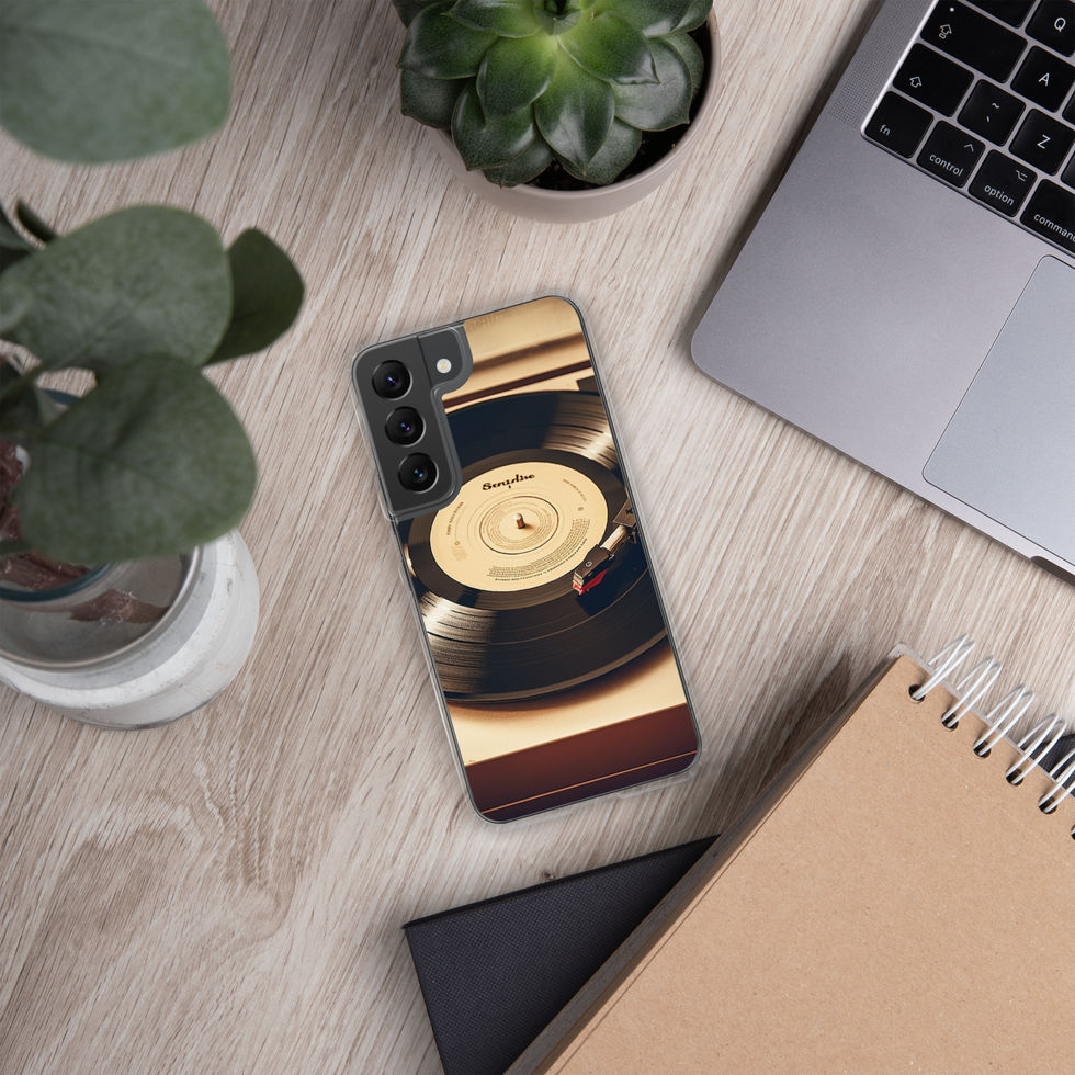 Golden Grooves clear Samsung phone case dark flat lay emphasising the golden vinyl motif, image 25.