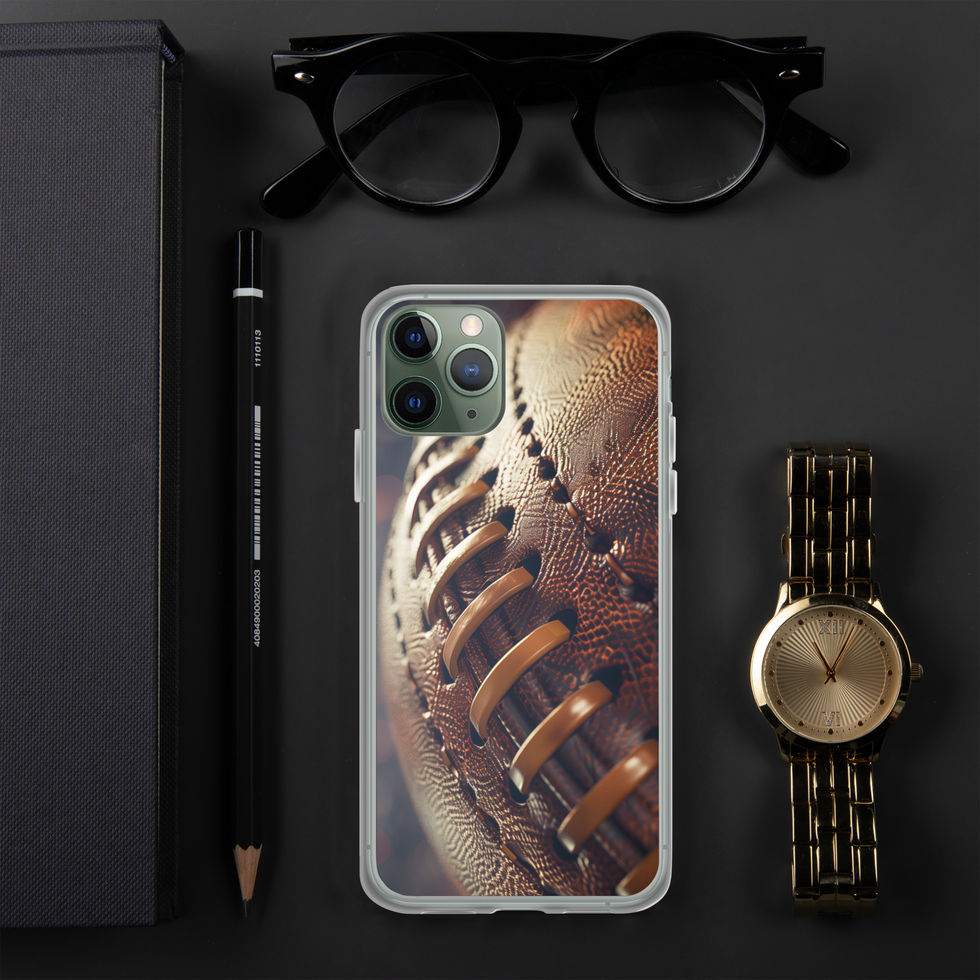 Stadium Lights Clear case for iPhone 11 Pro, football artwork and golden laces, black desk with glasses and watch
