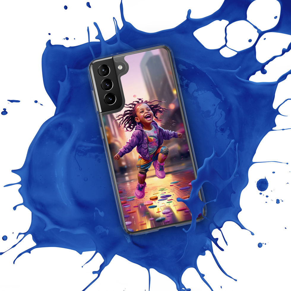 Transparent cover carrying cheerful action artwork across the phone back