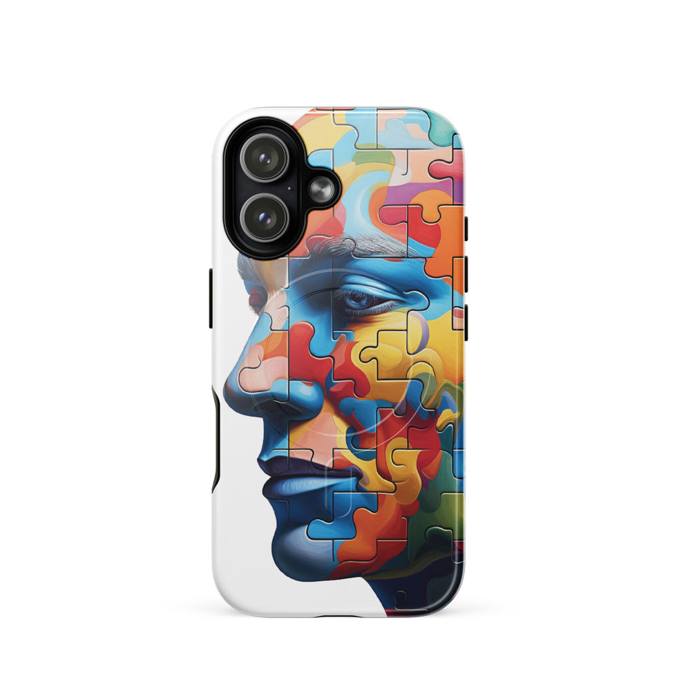 Mind in Pieces MagSafe tough iPhone case with fractured portrait artwork, front view