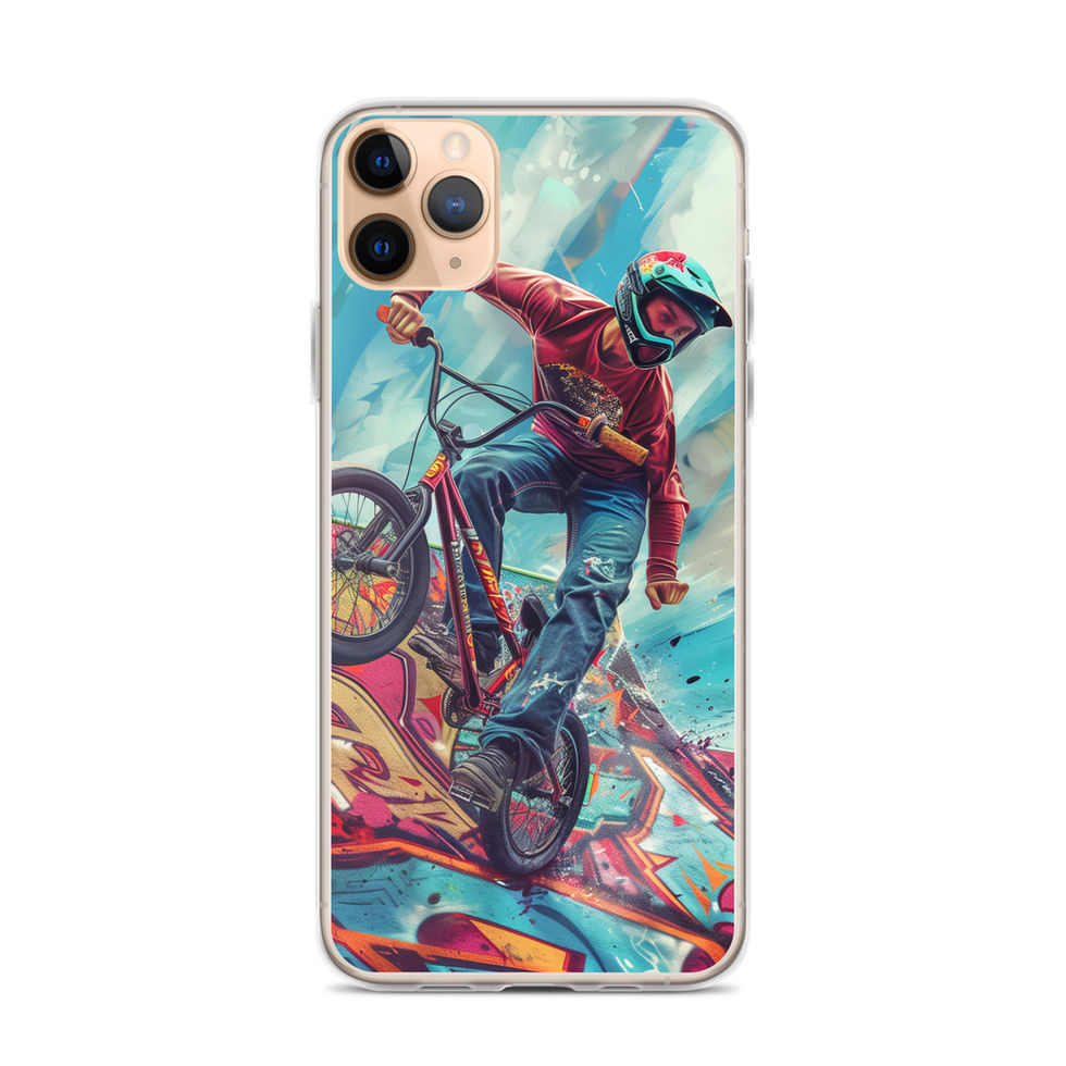 Ramp Rebel Clear case for iPhone 11 Pro Max, red-jacketed BMX rider and graffiti, rear view on white