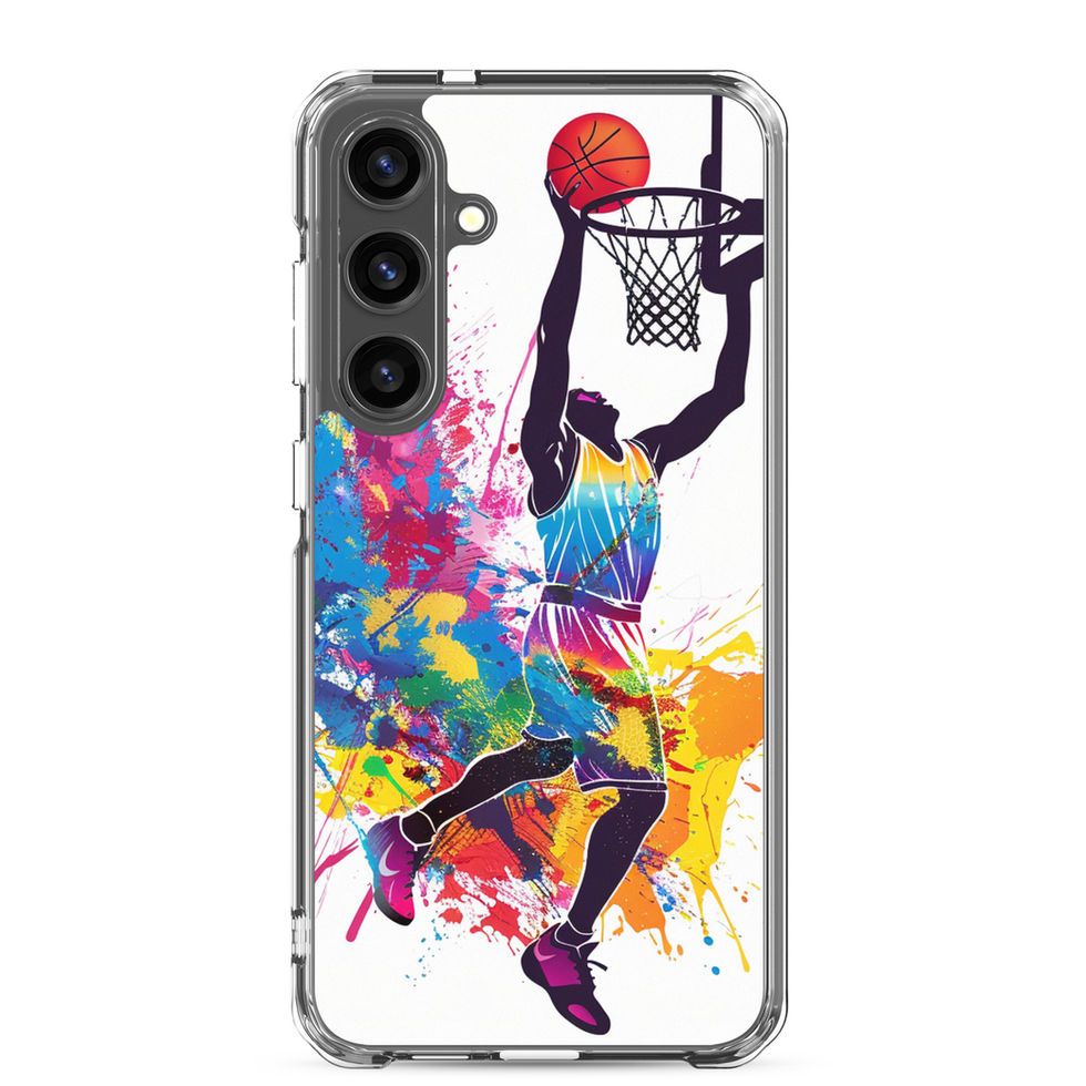 Splash Dunk Clear case for Galaxy S24 Plus, basketball dunk and paint splashes, rear view on white