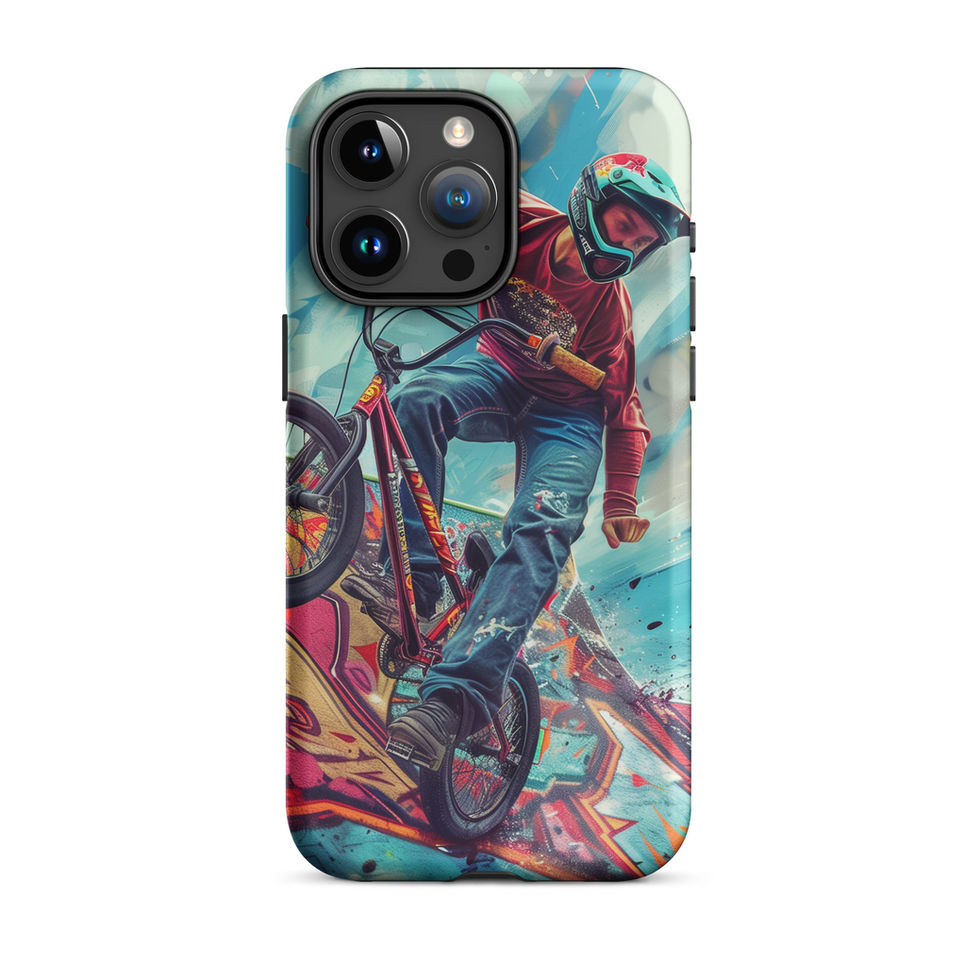 Ramp Rebel Tough case for iPhone 15 Pro Max, red-jacketed BMX rider and graffiti, rear view on white background