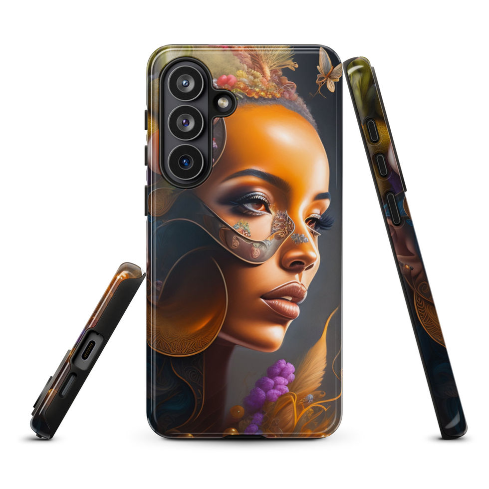 Fruit Brain Samsung Tough Case showcasing a surreal golden profile crowned with vivid fruit and blossoms against a deep blue