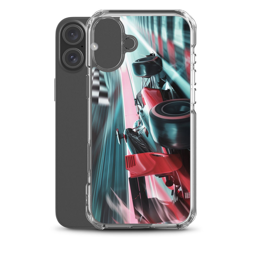 Finish Line Fury Clear case for iPhone 16 Plus, red race car and teal streaks, rear view on white