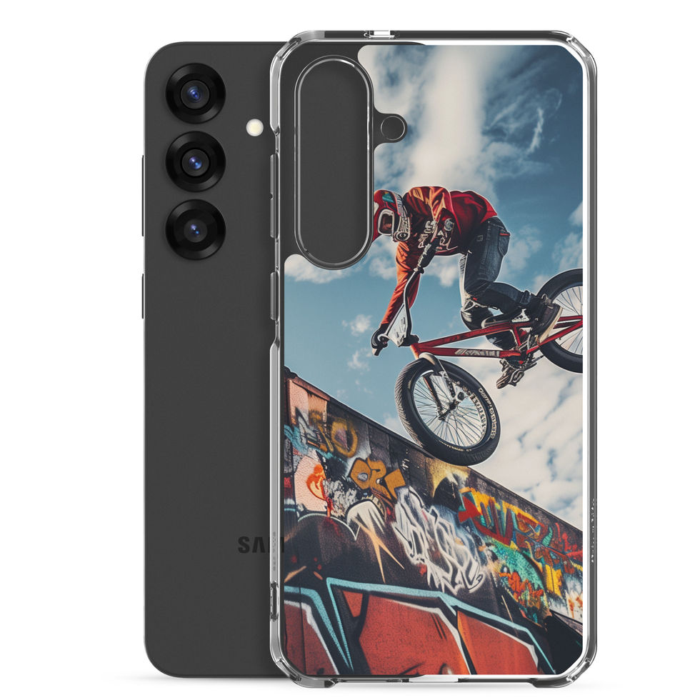 Graffiti Air Clear case for Galaxy S25 Plus, BMX rider above graffiti ramp, with phone beside case on white