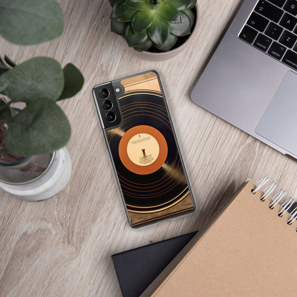 Vintage Vibes clear Samsung phone case rear view centred on the vintage vinyl design, image 13.