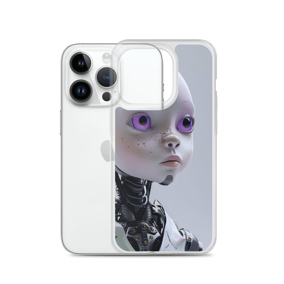 purple-eyed cyberpunk child robot artwork on a clear Apple phone cover, detailed camera-side view