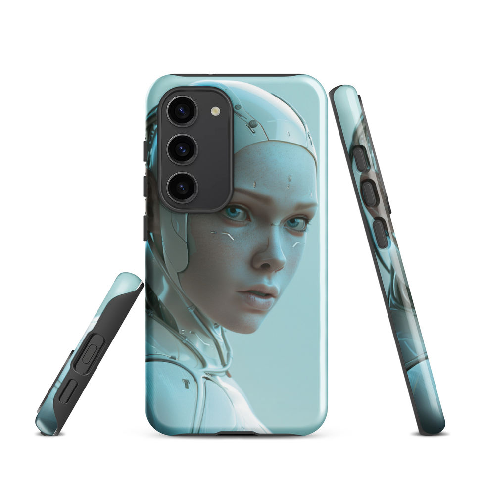 Pearl-white robot portrait with ice-blue eyes; close-up detail on a Samsung® Tough Case.