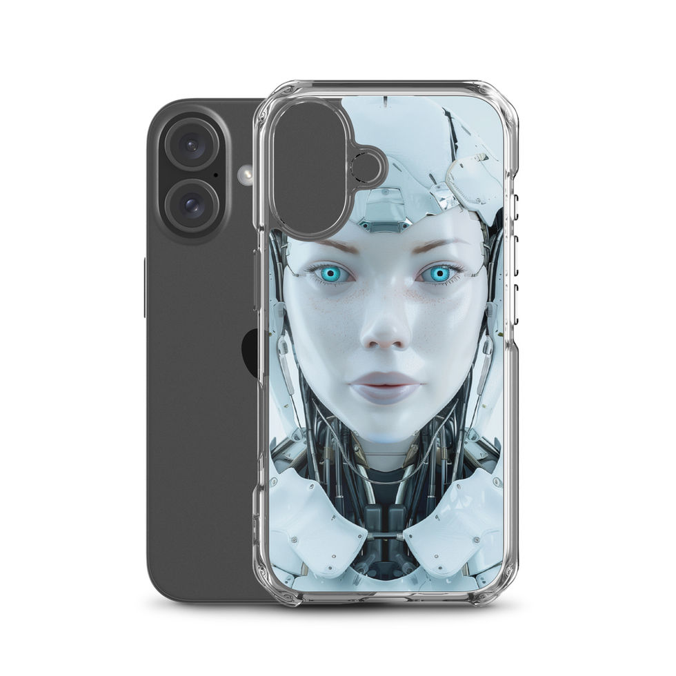 Centred robotic woman in white silver and charcoal on a clear case – front product view