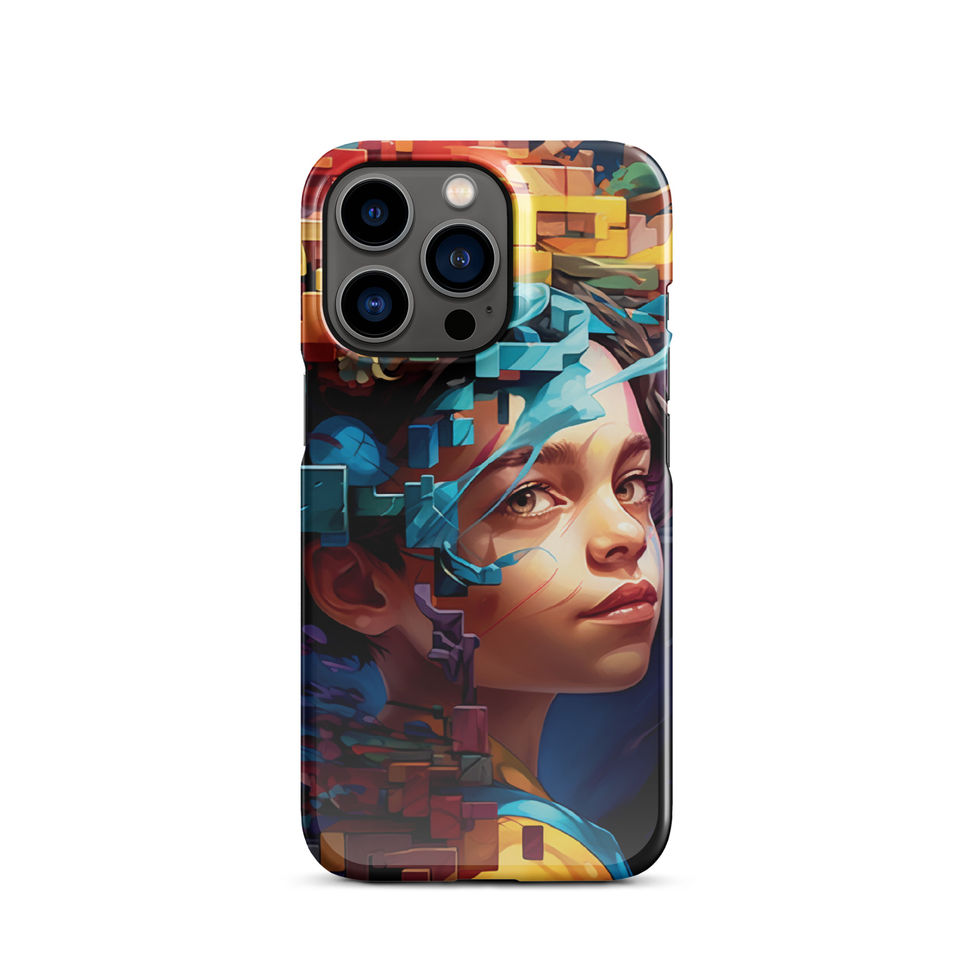 Neon Mindscape slim snap case for iPhone with vivid geometric portrait artwork, geometric motif close-up