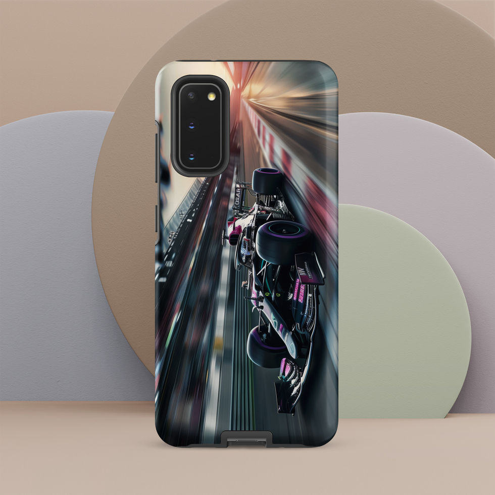 Midnight Velocity Tough case for Galaxy S20, race car and night lights, rear view on beige display