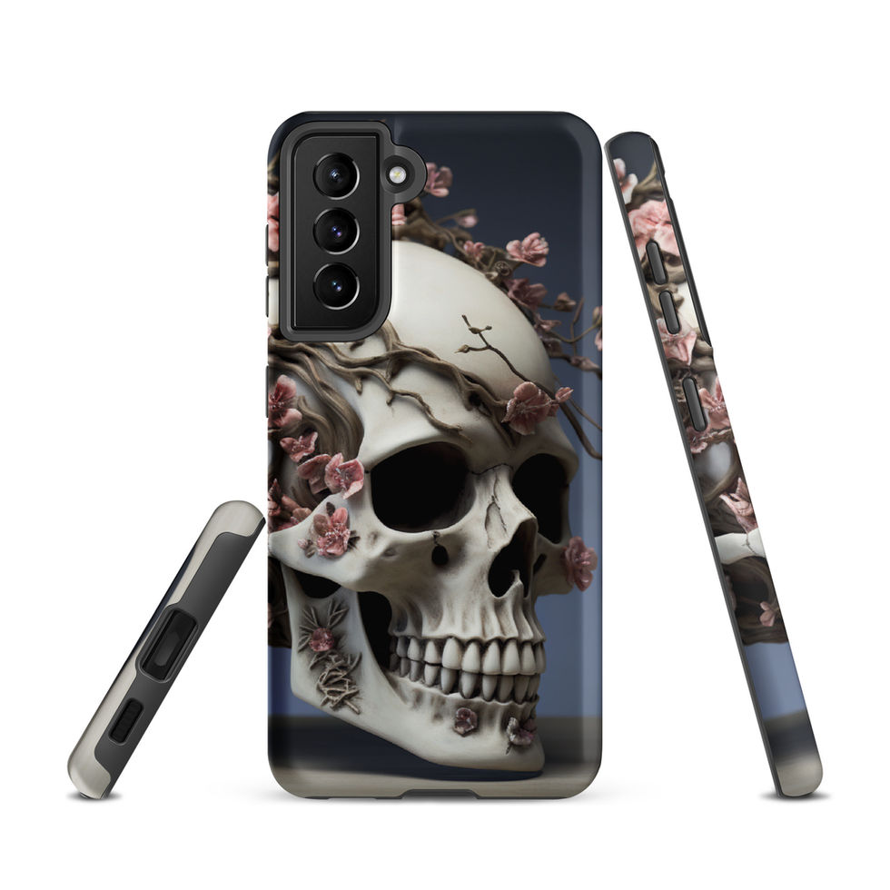Dark Samsung phone case with a floral skull print against charcoal with soft rose-coloured blossoms