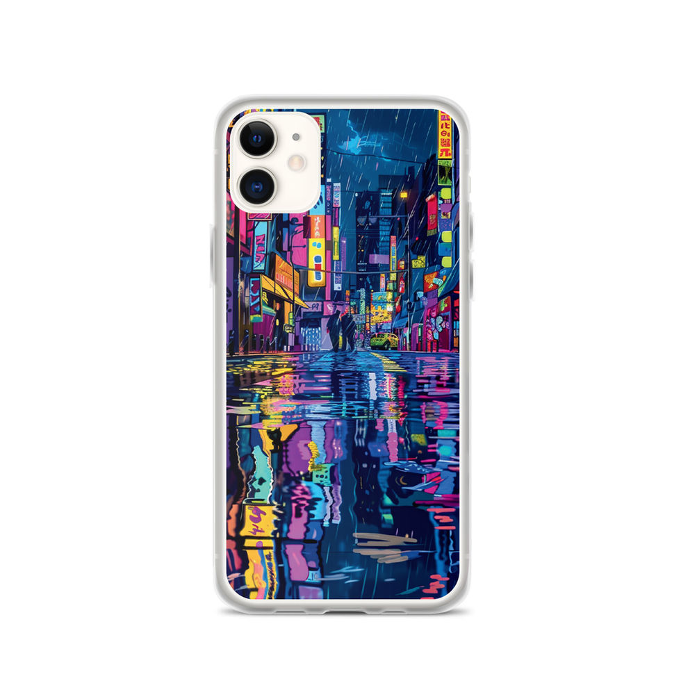 Neon Rain clear iPhone case with layered neon buildings and colourful reflections in the roadway.