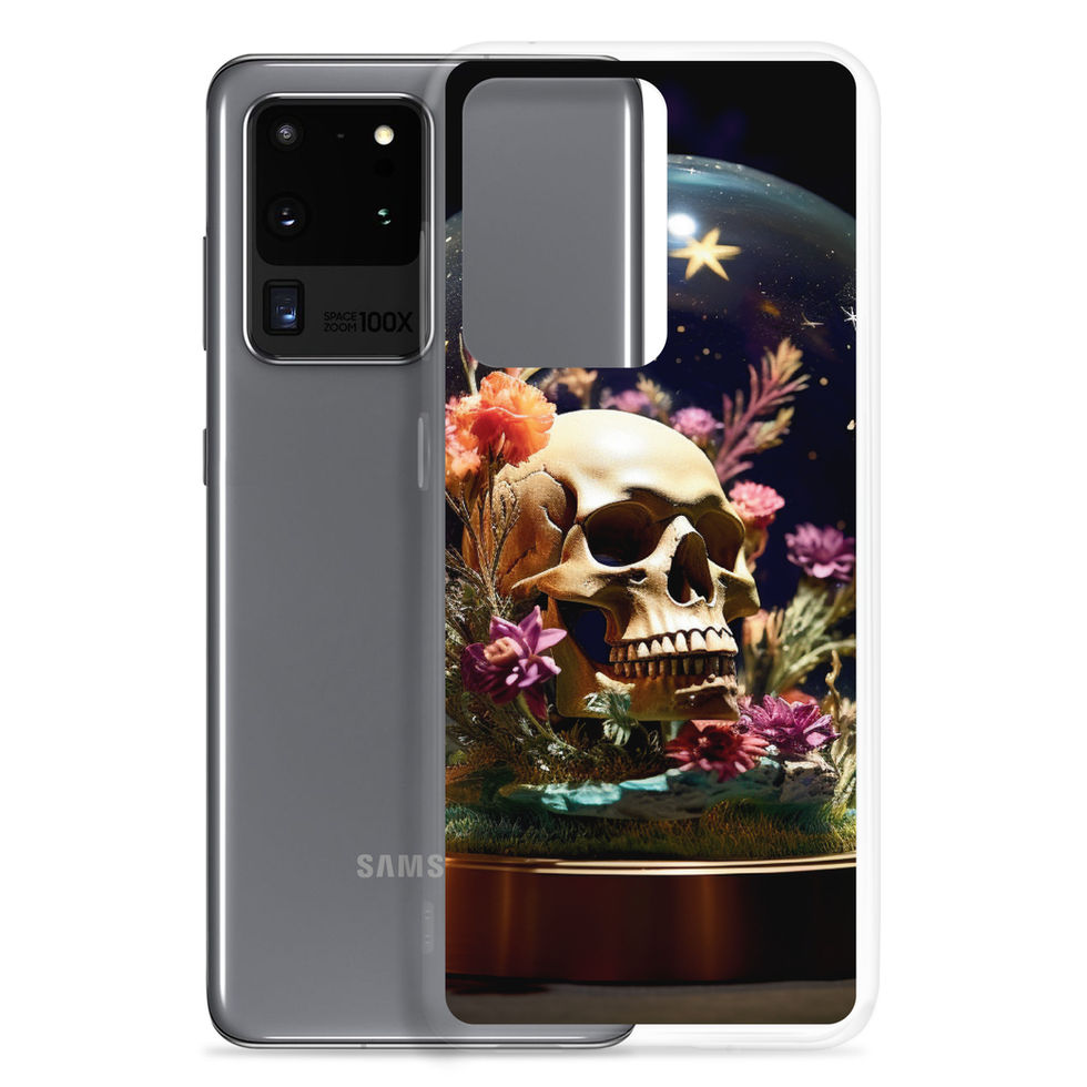 Celestial Remains Clear Samsung case showing red blooms beside a light skull on a starry backdrop