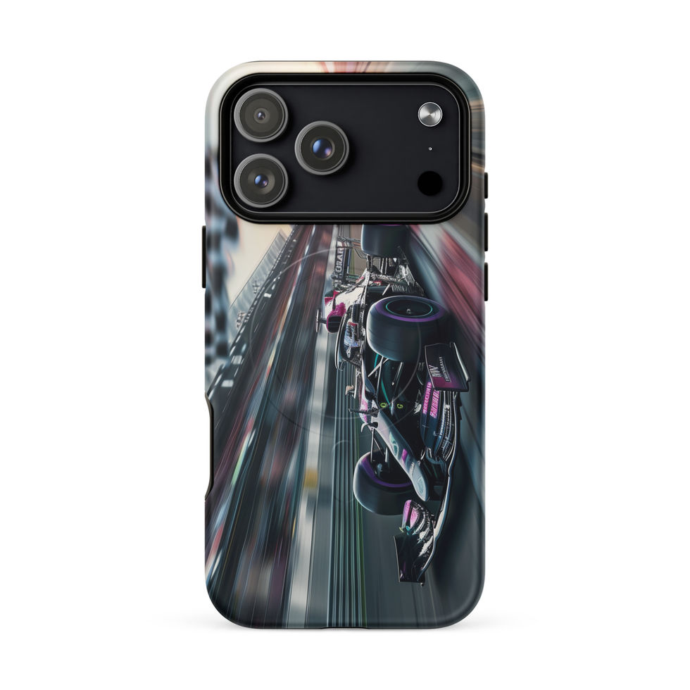 Midnight Velocity MagSafe Tough case for iPhone 17 Pro Max, race car and night lights, rear view on white