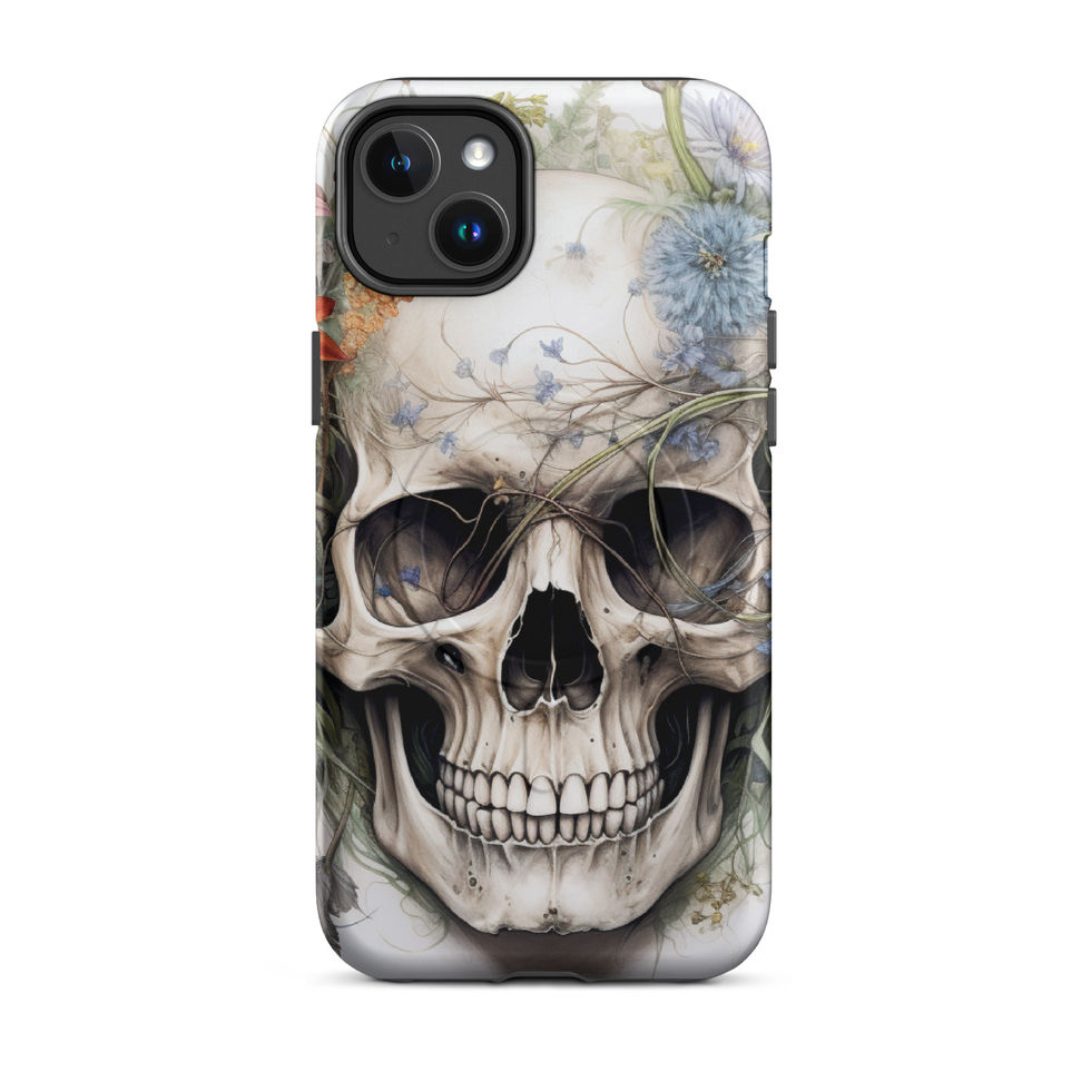 Botanical Requiem MagSafe iPhone case featuring dark eye sockets beneath fine vines