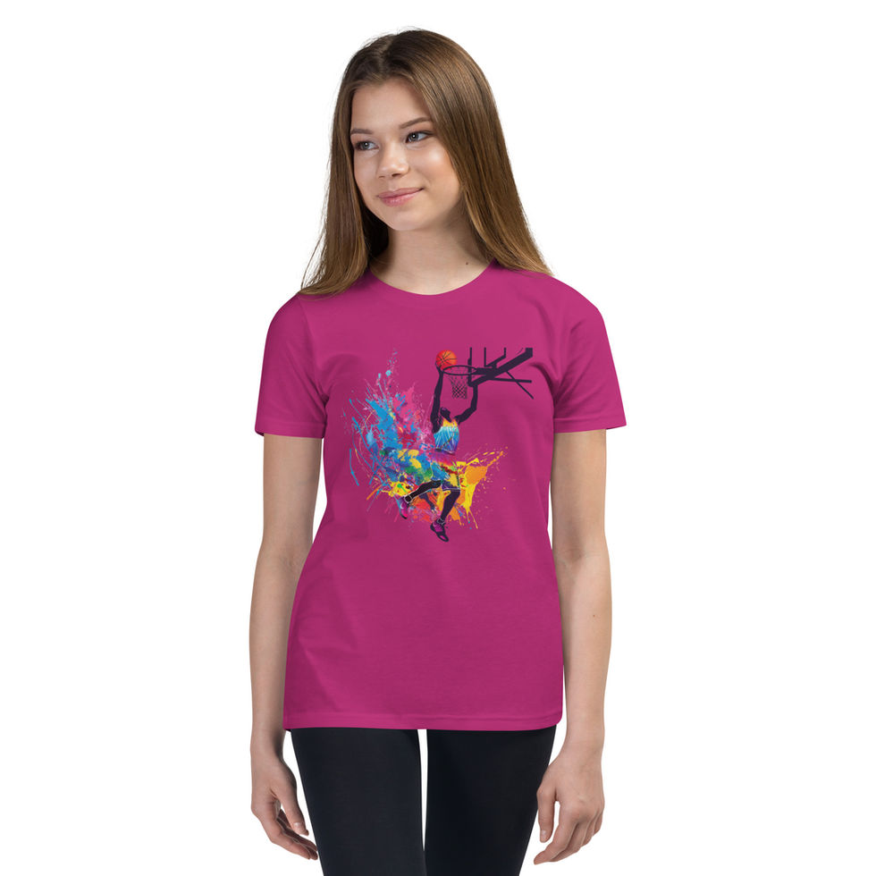 Dynamic Splash Dunk: berry pink youth T-shirt with a basketball player and bright paint splashes, on child