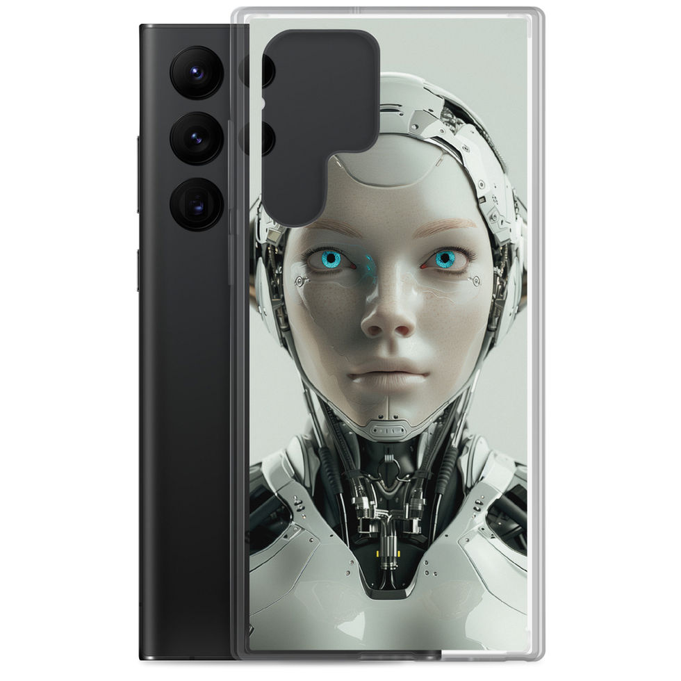 Futuristic robot woman with balanced blue eyes; close-up detail on a Samsung® Clear Case.