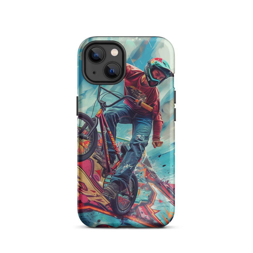 Ramp Rebel Tough case for iPhone 13, red-jacketed BMX rider and graffiti, rear view on white background
