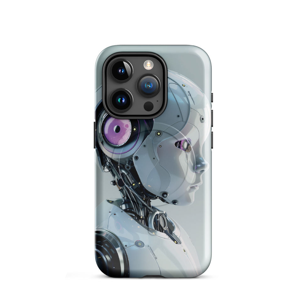 Nano Blossom futuristic AI robot case with pink-violet mechanical eye detail and metallic body