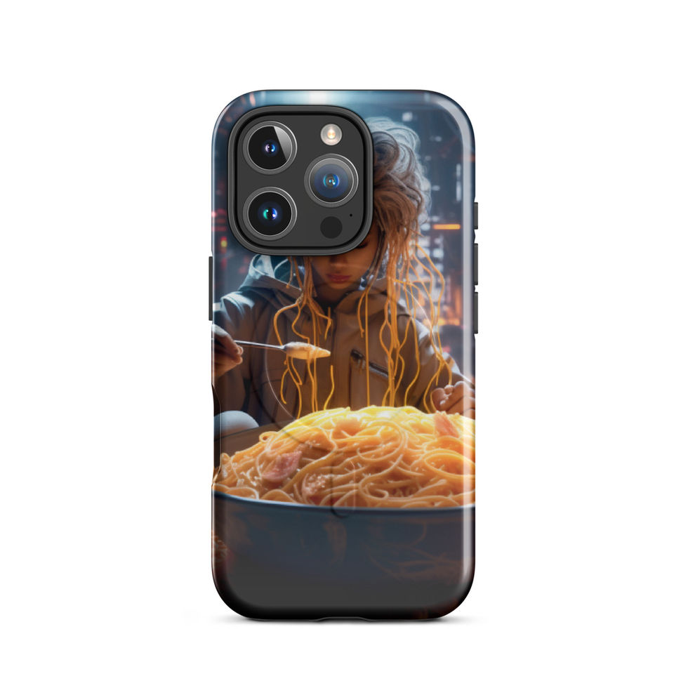 Cyber Noodle Feast MagSafe iPhone case, back artwork combining a human portrait and noodle strands.