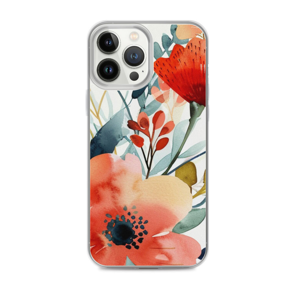 Candy Garden Pop clear case for iPhone 15 Pro, coral teal and blush floral artwork, front product view