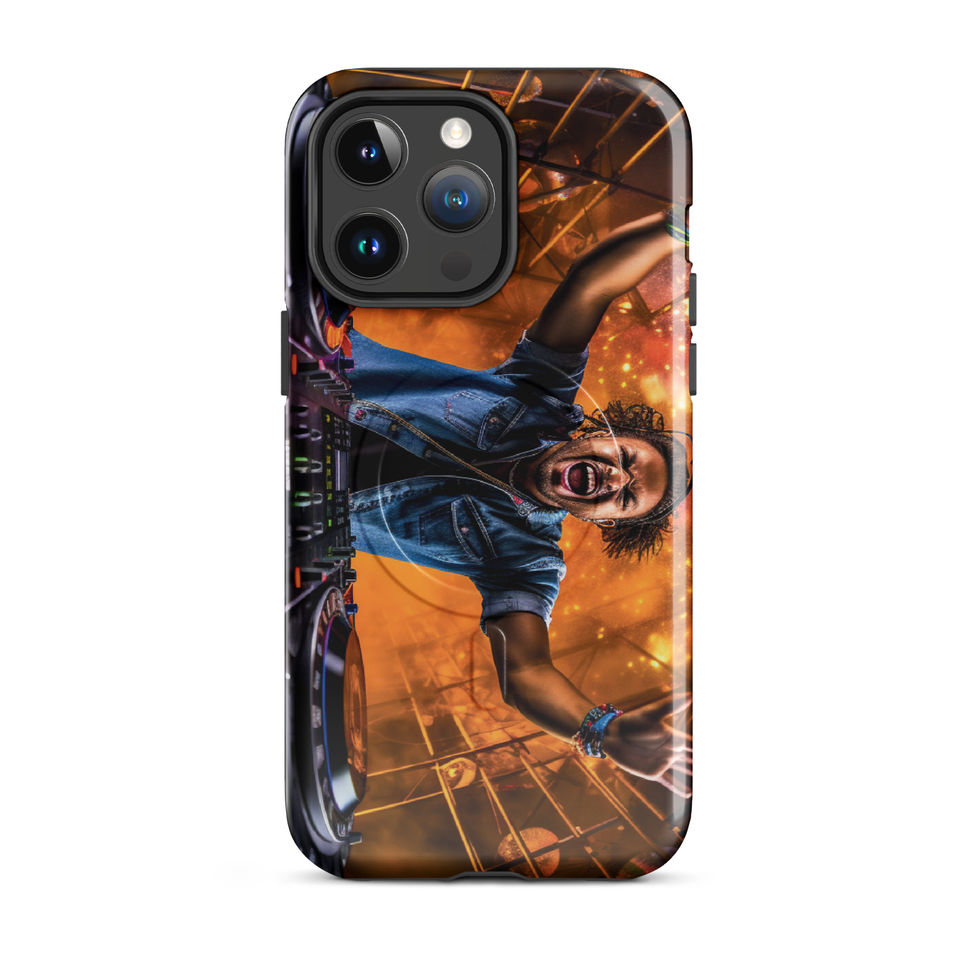 Cosmic DJ MagSafe tough iPhone case with orange-and-blue DJ artwork for iPhone 15